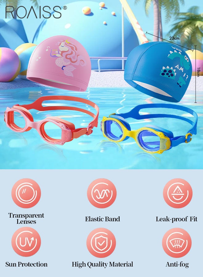 roaiss 4 Pcs Kids Swim Goggles and Caps Set, 2 Pcs HD Anti-fog Swimming Goggles and 2 Pcs Soft PU Cartoon Swim Caps, Beach Pool Swimming Gear for Boys and Girls - Image 3