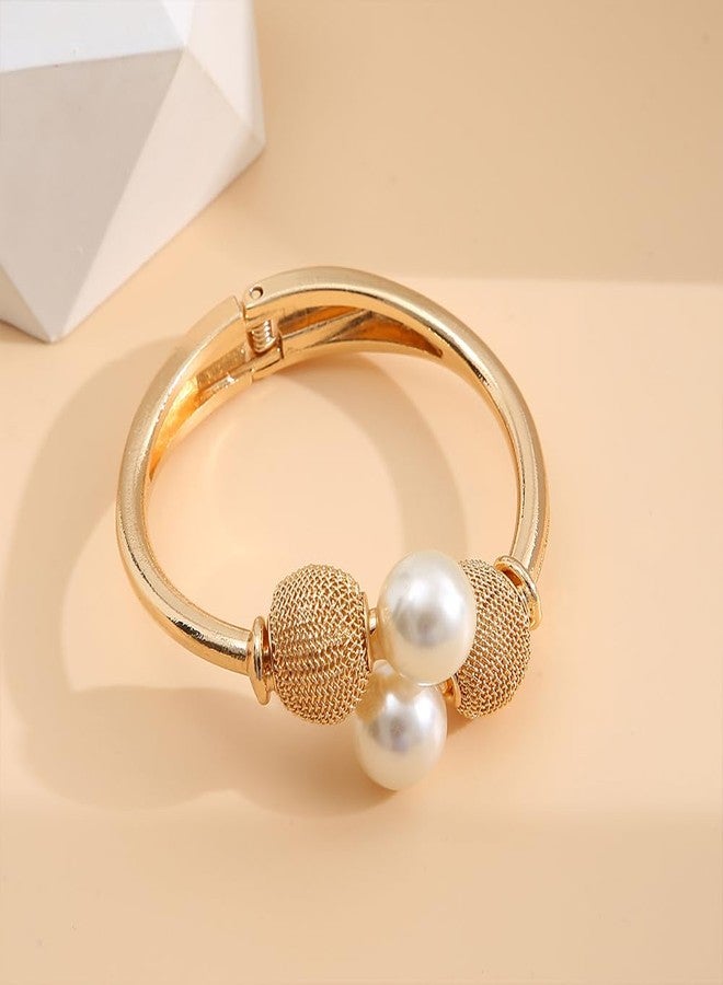 FUTIMELY Unique Chunky Gold Pearl Cuff Bracelet for Women,Wide Ball Pearl Statement Bracelet for Party Cocktail,Trendy Chic Clasp Wrist Jewelry Accessories (Pearl2) - Image 5