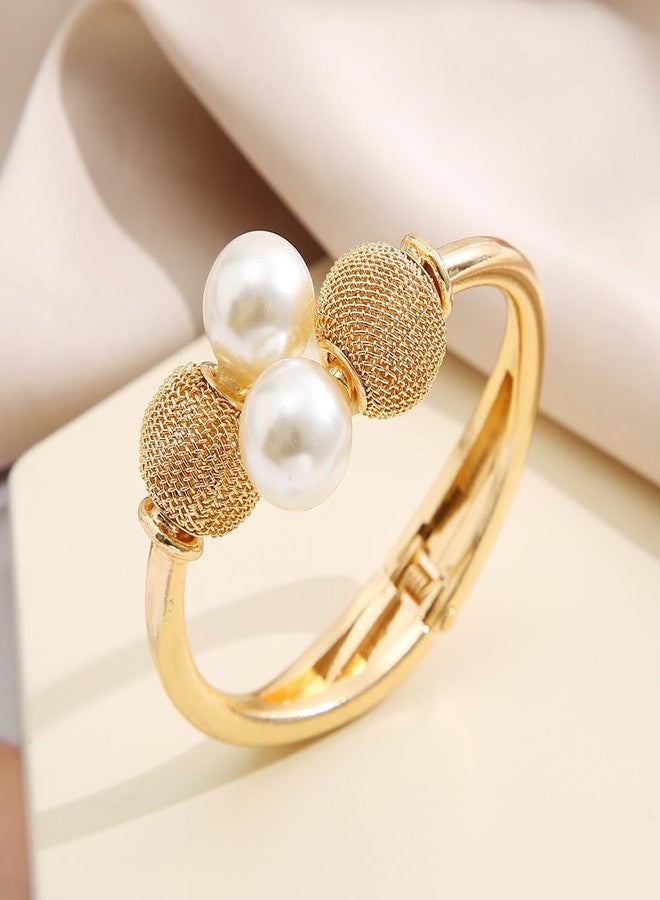 FUTIMELY Unique Chunky Gold Pearl Cuff Bracelet for Women,Wide Ball Pearl Statement Bracelet for Party Cocktail,Trendy Chic Clasp Wrist Jewelry Accessories (Pearl2) - Image 4