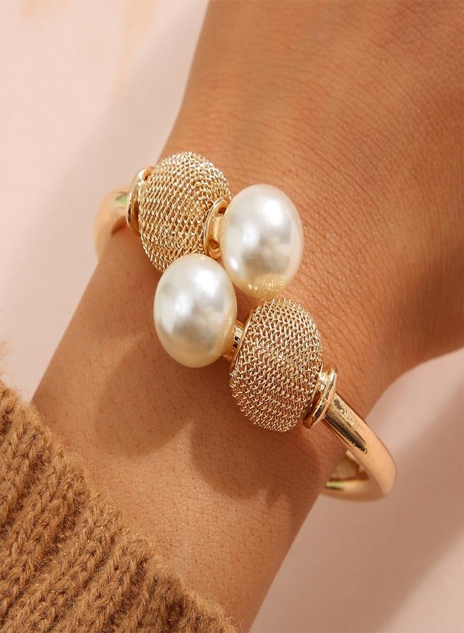 FUTIMELY Unique Chunky Gold Pearl Cuff Bracelet for Women,Wide Ball Pearl Statement Bracelet for Party Cocktail,Trendy Chic Clasp Wrist Jewelry Accessories (Pearl2) - Image 3