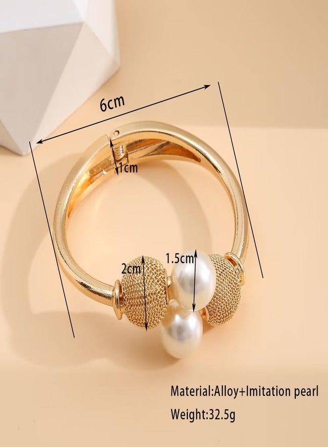 FUTIMELY Unique Chunky Gold Pearl Cuff Bracelet for Women,Wide Ball Pearl Statement Bracelet for Party Cocktail,Trendy Chic Clasp Wrist Jewelry Accessories (Pearl2) - Image 2