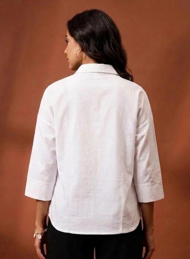 Athena White Cotton Printed Panel Shirt - Image 3