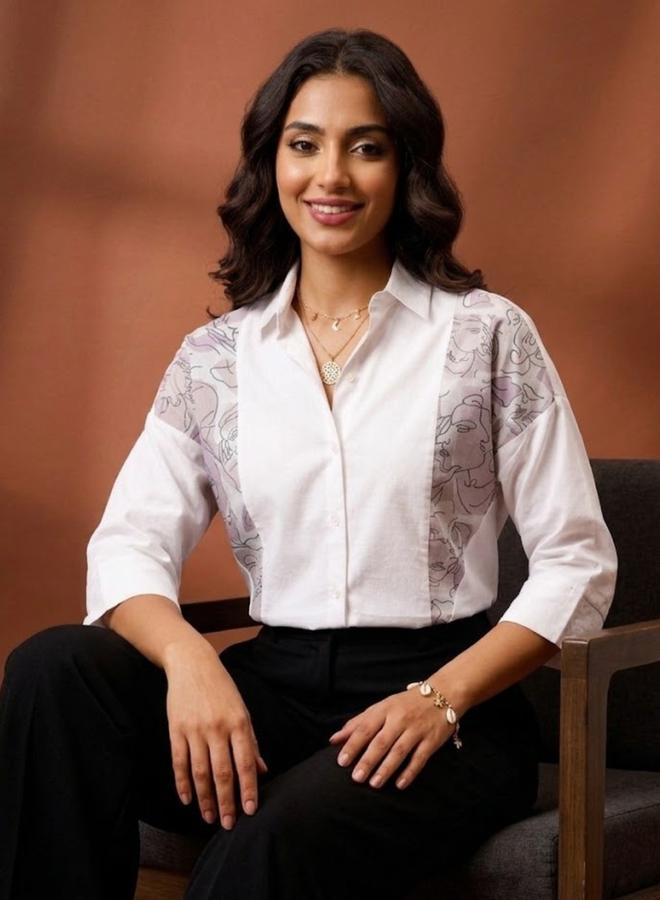 Athena White Cotton Printed Panel Shirt - Image 4