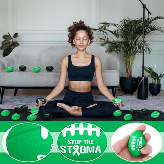 Simgoing 24 Pcs Mental Health Awareness Football Stress Balls Mini Foam Sports Ball Green Ribbon Football Toy Mental Health Gifts for Women Men Sports Birthday Party - Image 4