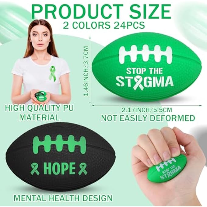 Simgoing 24 Pcs Mental Health Awareness Football Stress Balls Mini Foam Sports Ball Green Ribbon Football Toy Mental Health Gifts for Women Men Sports Birthday Party - Image 2