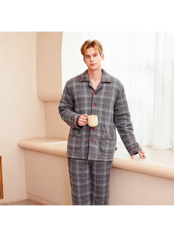 Meibiao Winter Couples Quilted Cotton-padded Pajamas Women's Triple-layer Thickened Warm Set Men's Homewear Dark Gray L - Image 1