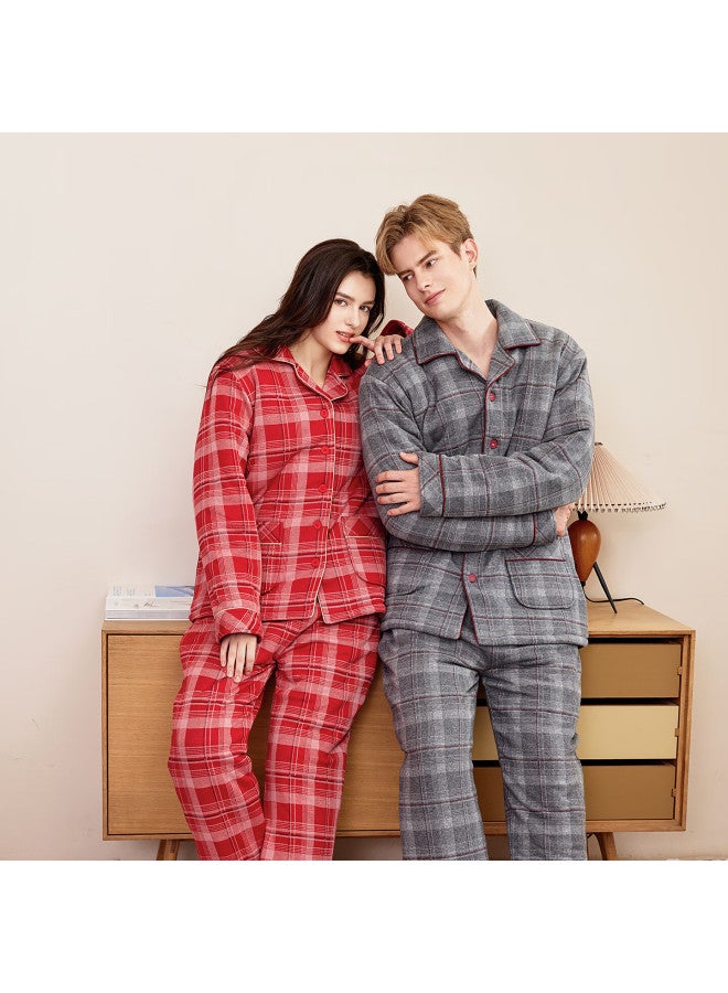 Meibiao Winter Couples Quilted Cotton-padded Pajamas Women's Triple-layer Thickened Warm Set Men's Homewear Dark Gray L - Image 5