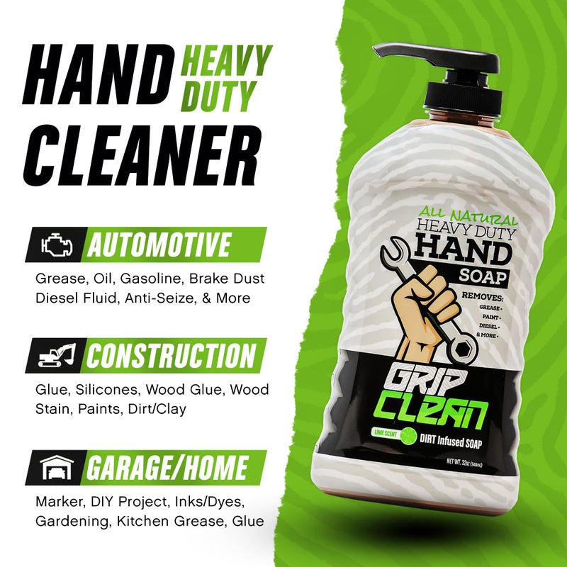Grip Clean Heavy Duty Hand Cleaner for Mechanics â€“ Natural Pumice & Clay-Infused Technology Removes Grease, Oil & Grime â€“ Moisturizing Liquid Hand Soap for Shop, Garage & Industrial Use â€“ 32oz - Image 3