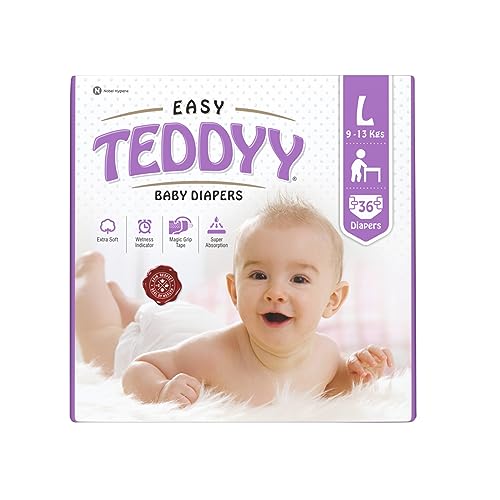 TEDDYY Easy Baby L Size Diaper Tape Style | 36 Count (Large) | 9-13 kgs (Pack of 1) | Quick Absorbency | Extra Super Soft | Anti - Bacterial | Wetness Indicator with Adjustable Grip Tapes - Image 1