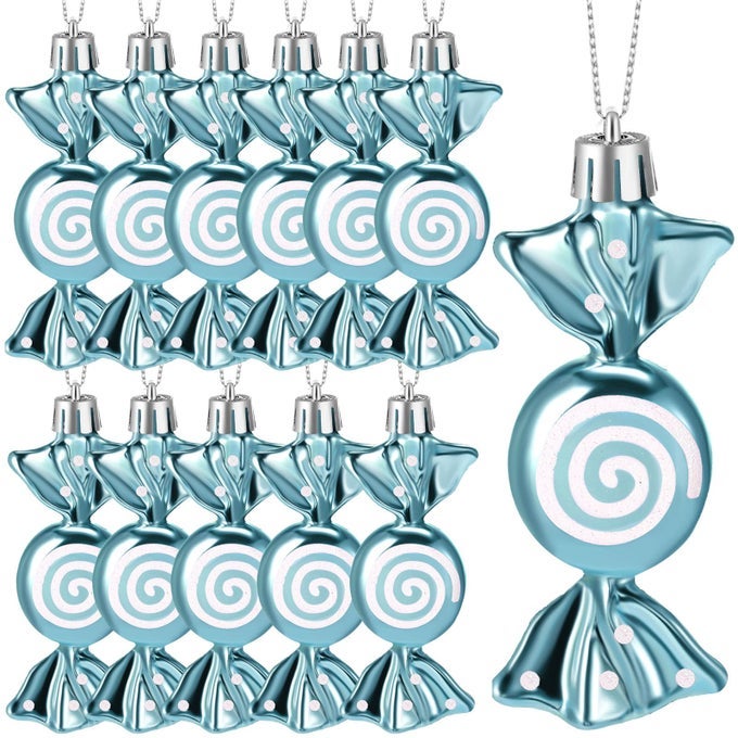 12 PCS CHRISTMAS CANDY ORNAMENTS HANGING GLITTER CANDY CANE DECORATION XMAS TREE PEPPERMINT ORNAMENT WITH GOLDEN ROPE FOR XMAS HALLOWEEN DECORATIONLIGHT BLUEPLASTIC