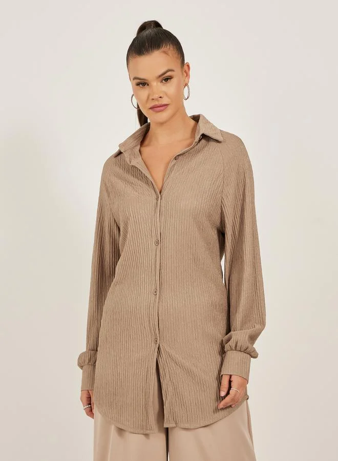 Styli Textured Knit Oversized Shirt with Raglan Sleeves