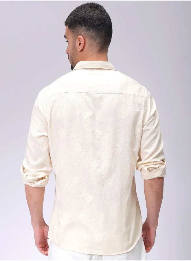 The Indian Garage Co Men Regular Fit Textured Solid Full Sleeves Cutaway Collar Resort Wear Shirt