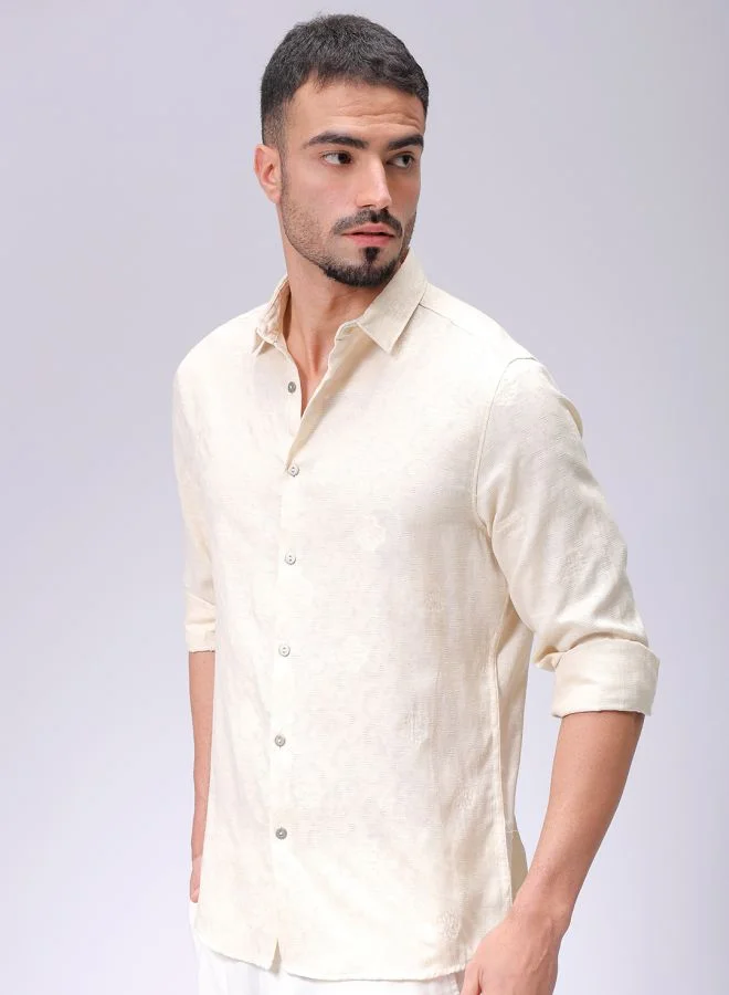 The Indian Garage Co Men Regular Fit Textured Solid Full Sleeves Cutaway Collar Resort Wear Shirt