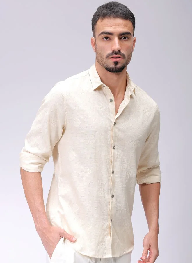 The Indian Garage Co Men Regular Fit Textured Solid Full Sleeves Cutaway Collar Resort Wear Shirt