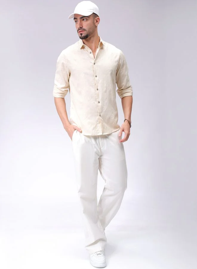 The Indian Garage Co Men Regular Fit Textured Solid Full Sleeves Cutaway Collar Resort Wear Shirt