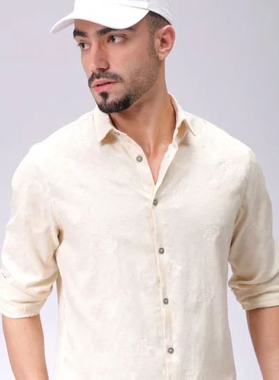 The Indian Garage Co Men Regular Fit Textured Solid Full Sleeves Cutaway Collar Resort Wear Shirt