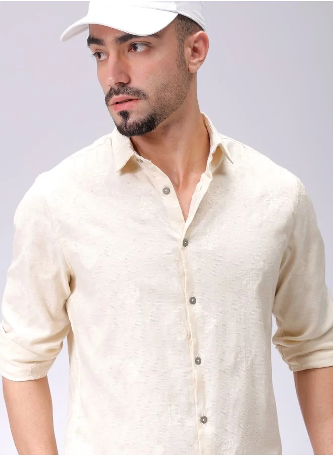The Indian Garage Co Men Regular Fit Textured Solid Full Sleeves Cutaway Collar Resort Wear Shirt