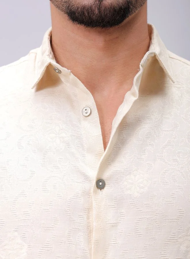The Indian Garage Co Men Regular Fit Textured Solid Full Sleeves Cutaway Collar Resort Wear Shirt