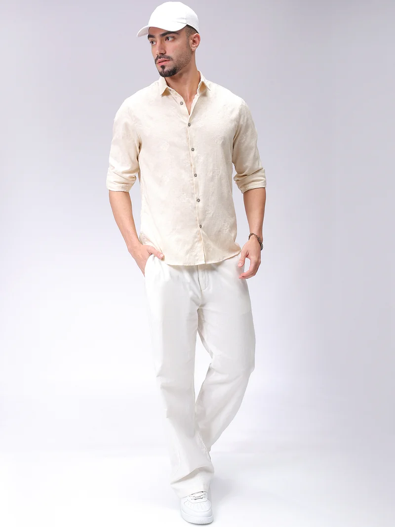 The Indian Garage Co Men Regular Fit Textured Solid Full Sleeves Cutaway Collar Resort Wear Shirt