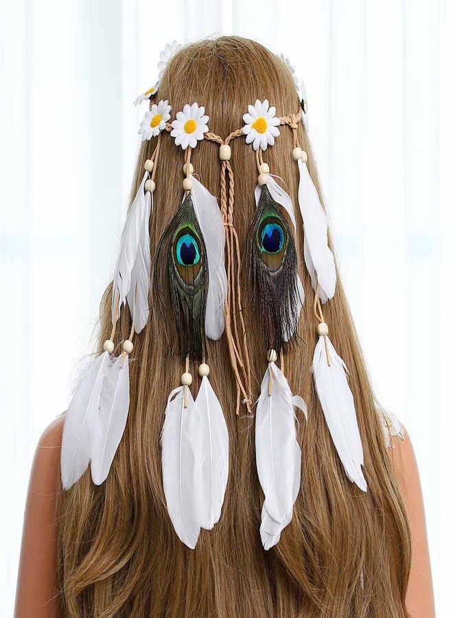 Gangel Daisy Headband White Feather Headpieces Boho Hairband Gypsy Headdress Handmade Peacock Feather Tassel for Festival Masquerades Carnival Hippie Costume Head Accessories for Women - Image 4