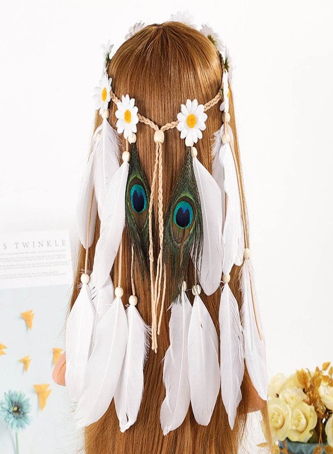 Gangel Daisy Headband White Feather Headpieces Boho Hairband Gypsy Headdress Handmade Peacock Feather Tassel for Festival Masquerades Carnival Hippie Costume Head Accessories for Women - Image 2