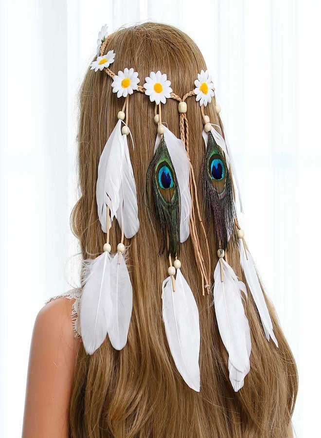 Gangel Daisy Headband White Feather Headpieces Boho Hairband Gypsy Headdress Handmade Peacock Feather Tassel for Festival Masquerades Carnival Hippie Costume Head Accessories for Women - Image 5