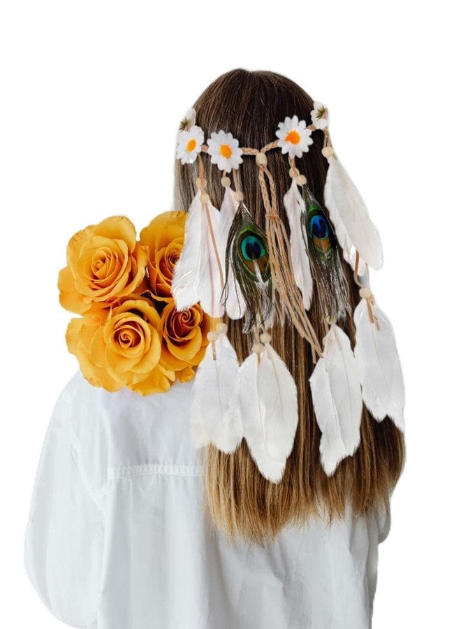 Gangel Daisy Headband White Feather Headpieces Boho Hairband Gypsy Headdress Handmade Peacock Feather Tassel for Festival Masquerades Carnival Hippie Costume Head Accessories for Women - Image 1