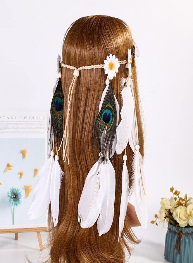 Gangel Daisy Headband White Feather Headpieces Boho Hairband Gypsy Headdress Handmade Peacock Feather Tassel for Festival Masquerades Carnival Hippie Costume Head Accessories for Women - Image 3