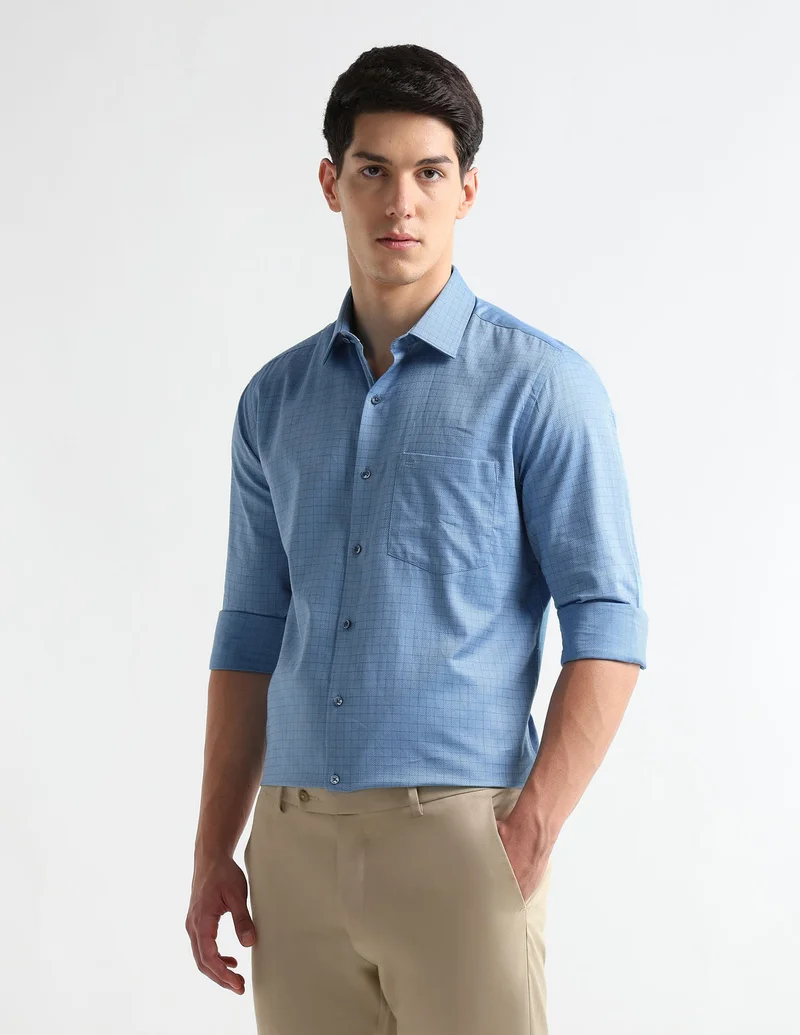Arrow Dark Blue Textured Graph Checked Auto Press Shirt for Men | Best Price UAE