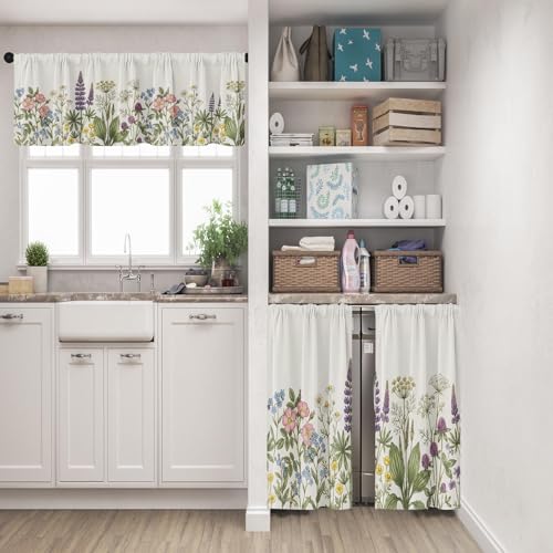 Emvency Floral Herbs Flower Kitchen Window Curtains Valance and Tier Set 36 Inch Botanical Vintage Sage Green Leaf 3 Piece Set Short Curtains for Window Treatment Tiers for Living Room Bedroom - Image 3