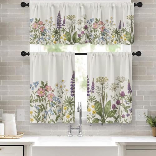 Emvency Floral Herbs Flower Kitchen Window Curtains Valance and Tier Set 36 Inch Botanical Vintage Sage Green Leaf 3 Piece Set Short Curtains for Window Treatment Tiers for Living Room Bedroom - Image 1