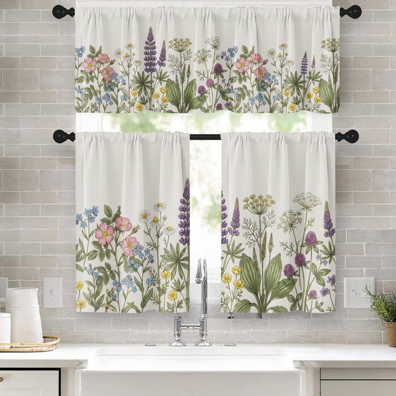 Emvency Floral Herbs Flower Kitchen Window Curtains Valance and Tier Set 36 Inch Botanical Vintage Sage Green Leaf 3 Piece Set Short Curtains for Window Treatment Tiers for Living Room Bedroom - Image 2