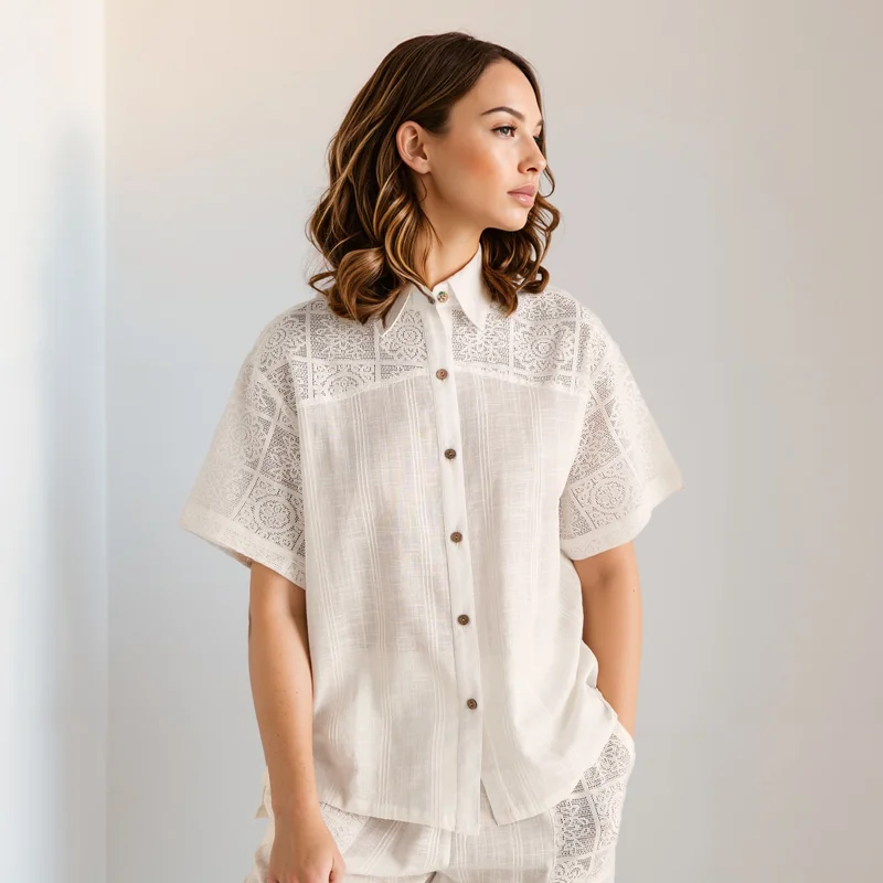 Splash FAV Crochet Detail Shirt and Pyjama Set