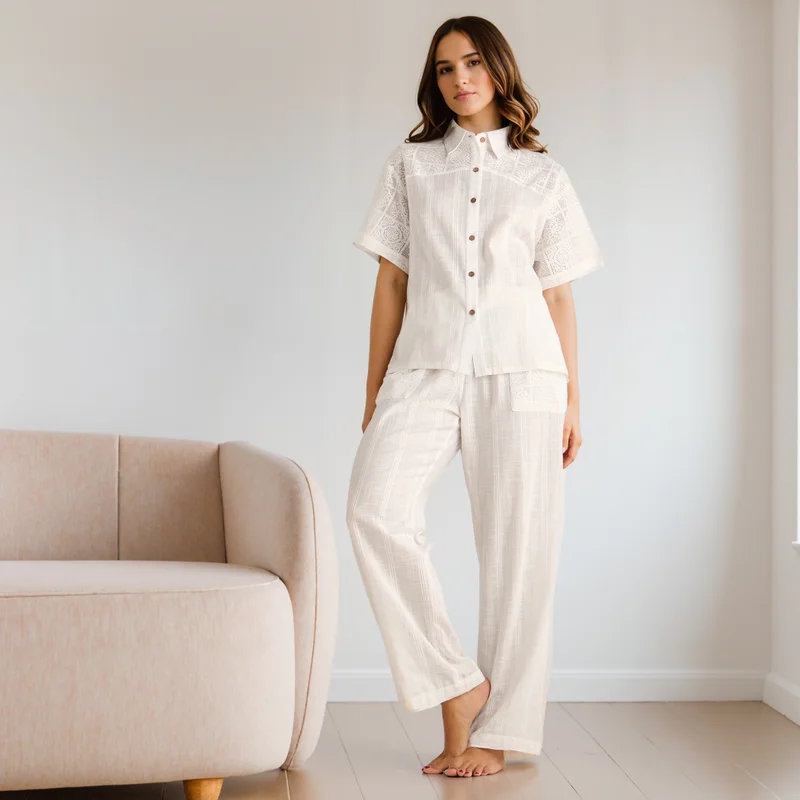 Splash FAV Crochet Detail Shirt and Pyjama Set