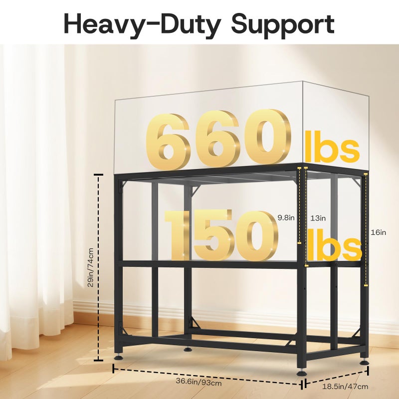 MEWSDEN Fish Tank Stand, 40 Gallon Heavy Duty Metal Aquarium Stands, Reptile Tank, Turtle Tank, Breeder Tank Stand, 660LBS Capacity Terrarium Stand Rack with 2-Tier Storage Shelves (Black, 36.5"x18.5"x29.5") - Image 2