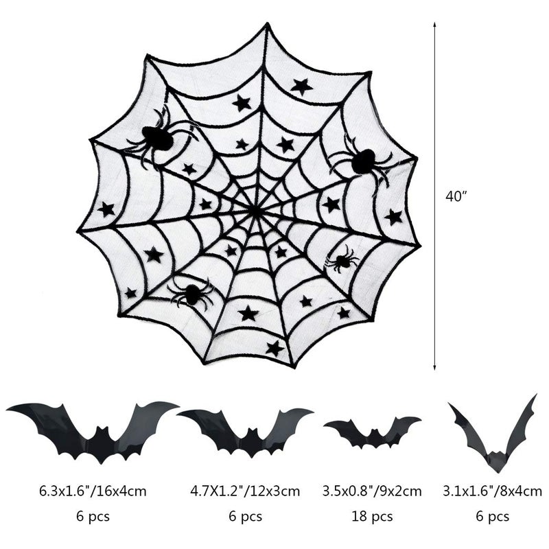 Tayfremn 5pack Halloween Decorations Tablecloth Runner Black Lace Round Spider Cobweb Table Cover Fireplace Mantel Scarf Spiderweb Fireplace Scarf Spider Lampshade with 36pcs Scary 3D Bat for Halloween Party - Image 3