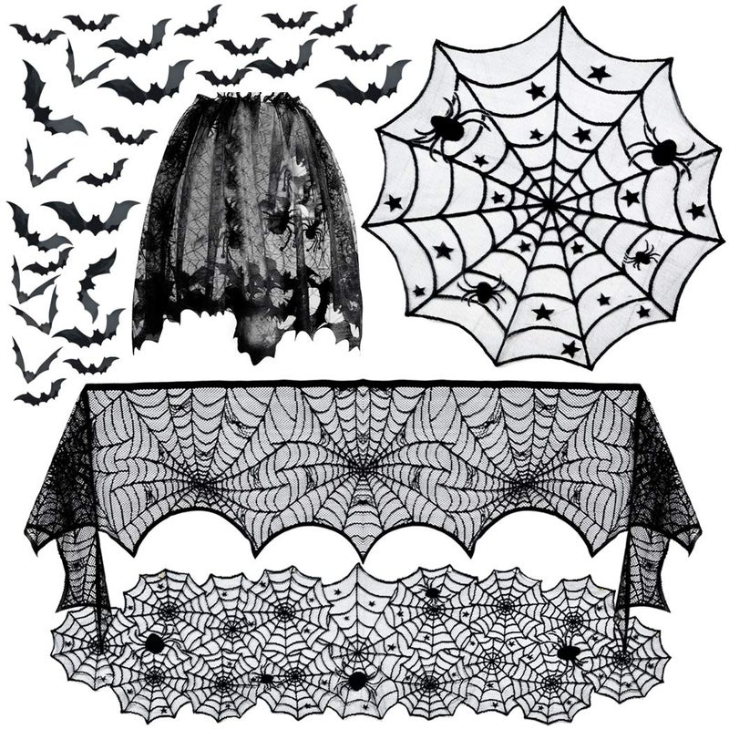 Tayfremn 5pack Halloween Decorations Tablecloth Runner Black Lace Round Spider Cobweb Table Cover Fireplace Mantel Scarf Spiderweb Fireplace Scarf Spider Lampshade with 36pcs Scary 3D Bat for Halloween Party - Image 1