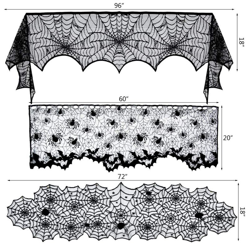 Tayfremn 5pack Halloween Decorations Tablecloth Runner Black Lace Round Spider Cobweb Table Cover Fireplace Mantel Scarf Spiderweb Fireplace Scarf Spider Lampshade with 36pcs Scary 3D Bat for Halloween Party - Image 2