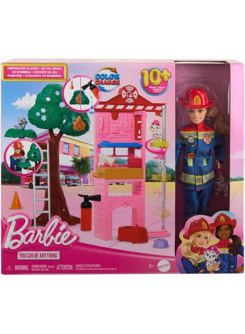 Barbie Careers- Firefighter Doll & Playset with Fire Station & Tree, 2 Pets, Color-Change & 10+ Accessories Including Fire Extinguisher Squirt Toy, - Image 1