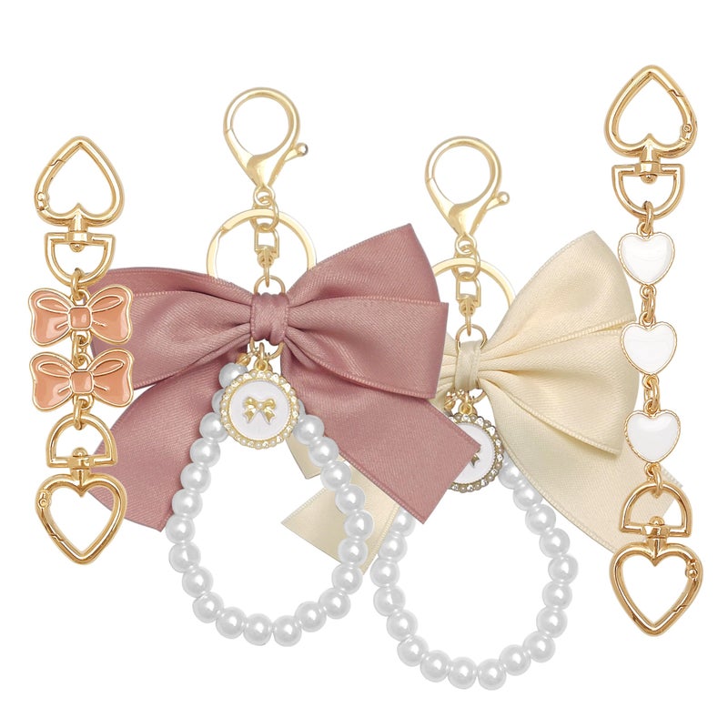 Nalefow 4Pcs Purse Extender Chain & Bow Keychain Kit - 2 Extender Chains & 2 Bow Charms - Purse Strap Extenders (Pink & White Bow) - Image 1