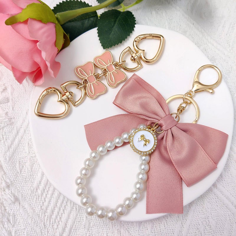 Nalefow 4Pcs Purse Extender Chain & Bow Keychain Kit - 2 Extender Chains & 2 Bow Charms - Purse Strap Extenders (Pink & White Bow) - Image 3