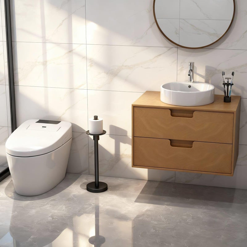 YUMORE Freestanding Toilet Paper Holder, Matte Black/Floor Standing Weighted Base Toilet Paper Holder Stand - Image 3