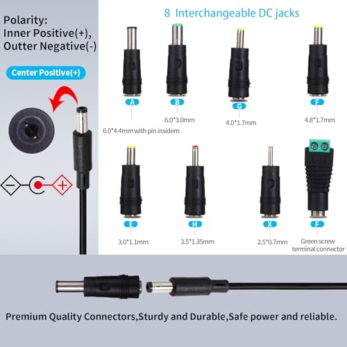 FSQWUR 15V 1.5A 1A Power Supply AC DC Adapter with 8 Interchangeable DC Plug, Universal 15 Volt Power Cord, Charger 100-240v, 50/60HZ, 5.5x2.5mm DC Output Jack, for 15V 100mA 300mA 500mA 800mA 1000mA 1500mA - Image 3