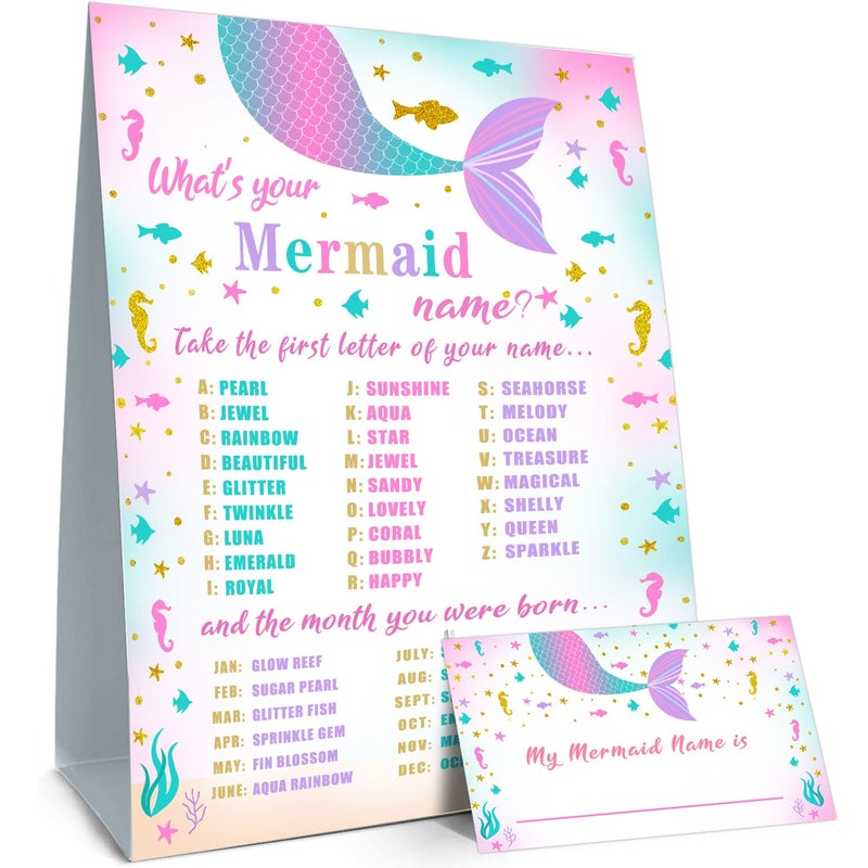 Whats Your Mermaid Name Game Mermaid Birthday Party Sign for Girls Holiday Activity Mermaid Activity Cards Ideas Decoration Supplies 1 Mermaid Theme Sign and 30 Name Tag Stickers