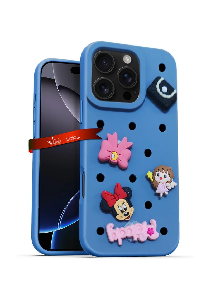 Wtech Apple iPhone 16 Pro 2024 Cute Cartoon Silicone Slippers Holes Shockproof DIY Phone Case Cover - Blue - Image 1