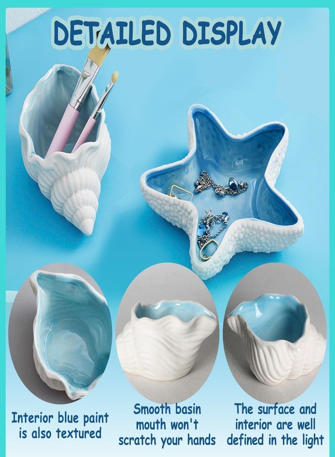Yitexin 2 Pieces Conch & Starfish Shape Ceramic Jewelry Dish, Blue Sea Shell Trinket Tray, Ocean-Themed Decorative Ring Holder Dish, Women Jewelry Plate Tray for Earrings(2, Conch & starfish) - Image 4