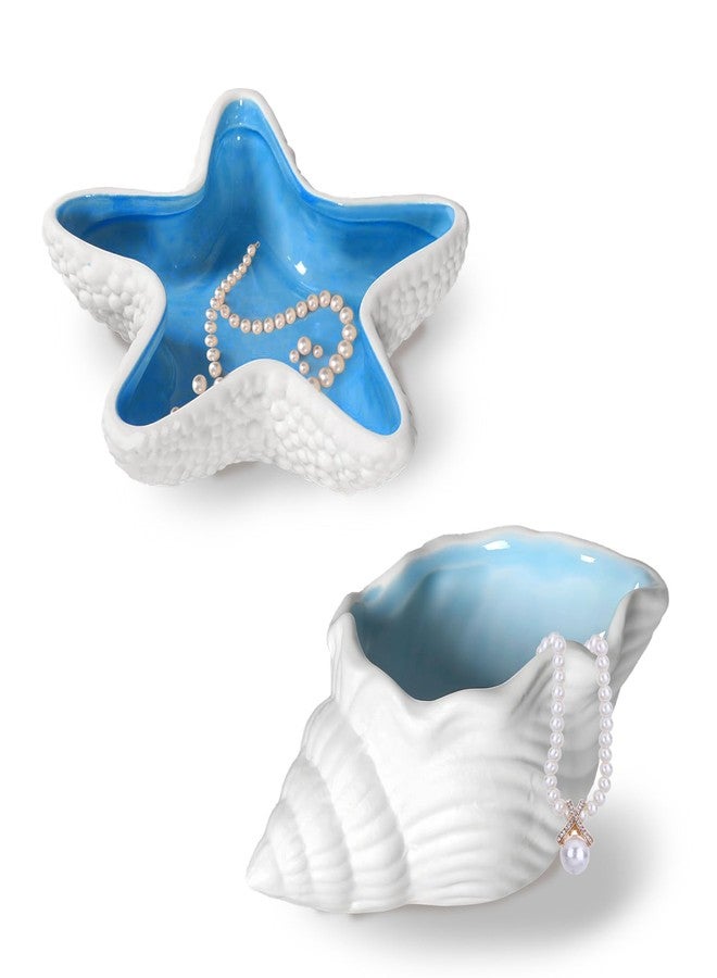 Yitexin 2 Pieces Conch & Starfish Shape Ceramic Jewelry Dish, Blue Sea Shell Trinket Tray, Ocean-Themed Decorative Ring Holder Dish, Women Jewelry Plate Tray for Earrings(2, Conch & starfish) - Image 1