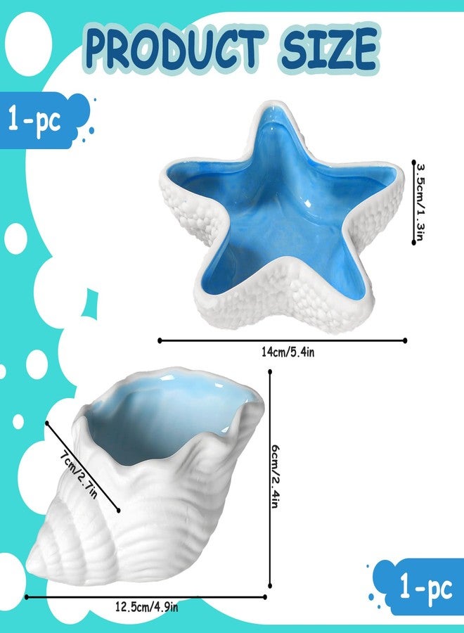Yitexin 2 Pieces Conch & Starfish Shape Ceramic Jewelry Dish, Blue Sea Shell Trinket Tray, Ocean-Themed Decorative Ring Holder Dish, Women Jewelry Plate Tray for Earrings(2, Conch & starfish) - Image 2