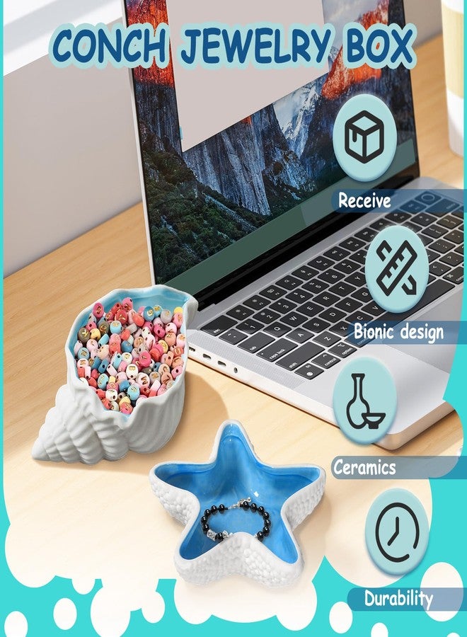 Yitexin 2 Pieces Conch & Starfish Shape Ceramic Jewelry Dish, Blue Sea Shell Trinket Tray, Ocean-Themed Decorative Ring Holder Dish, Women Jewelry Plate Tray for Earrings(2, Conch & starfish) - Image 3