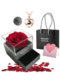 Adando Adando Eternal Rose with Gift Box Cute Eternal Red Rose Set with I Love You Necklace Handmade Preserved Rose Jewelry Box for Mom/Wife/Girlfriend A Romantic Gift for Her  - Image 1